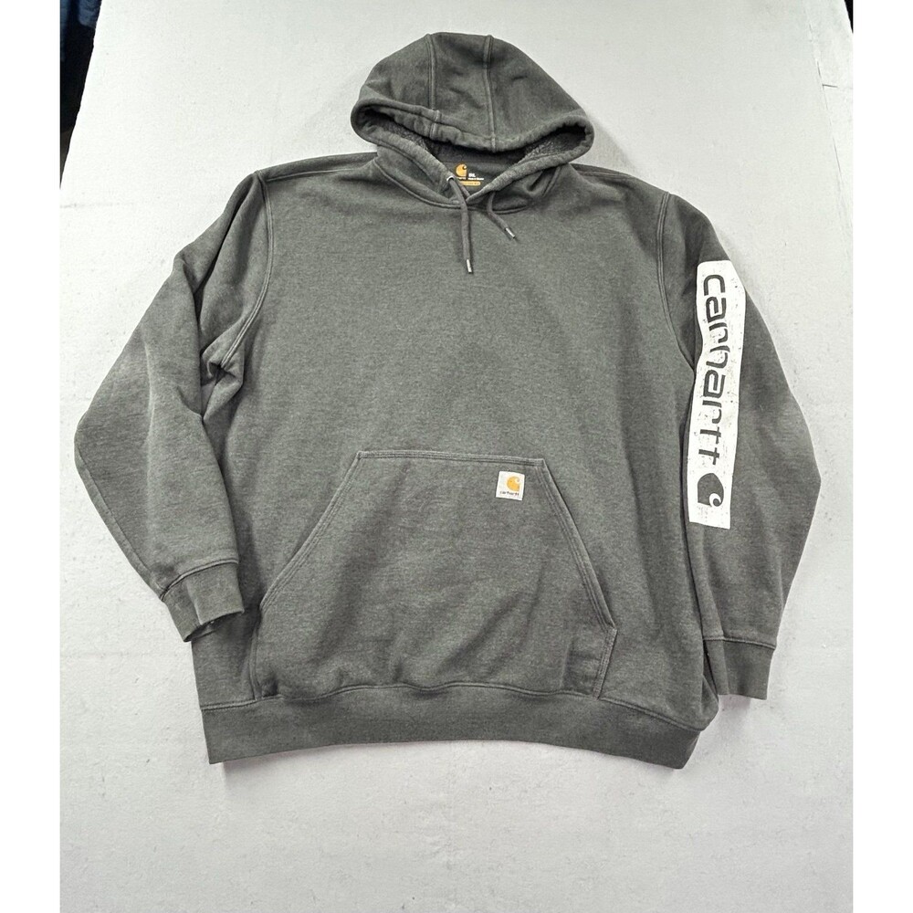 Carhartt Hoodie Mens Gray Original Fit Sleeve Logo Pullover Sweatshirt 2XL